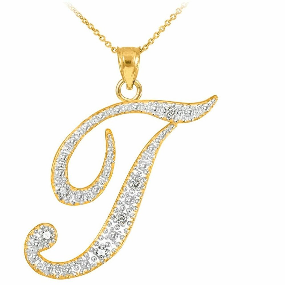 14k Solid Gold Initial Letter T Script Diamond Pe… - image 1
